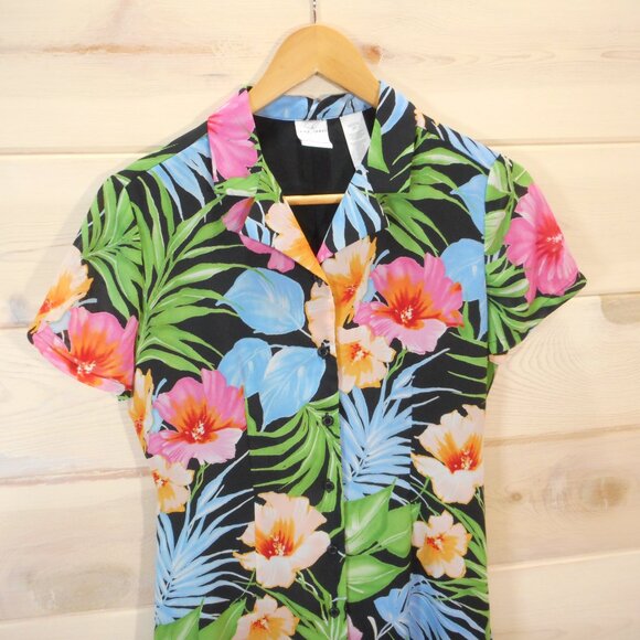 Emma James Tropical Shirt Dress Multicolor size 6P Petite Floral Short Sleeve - Picture 2 of 13